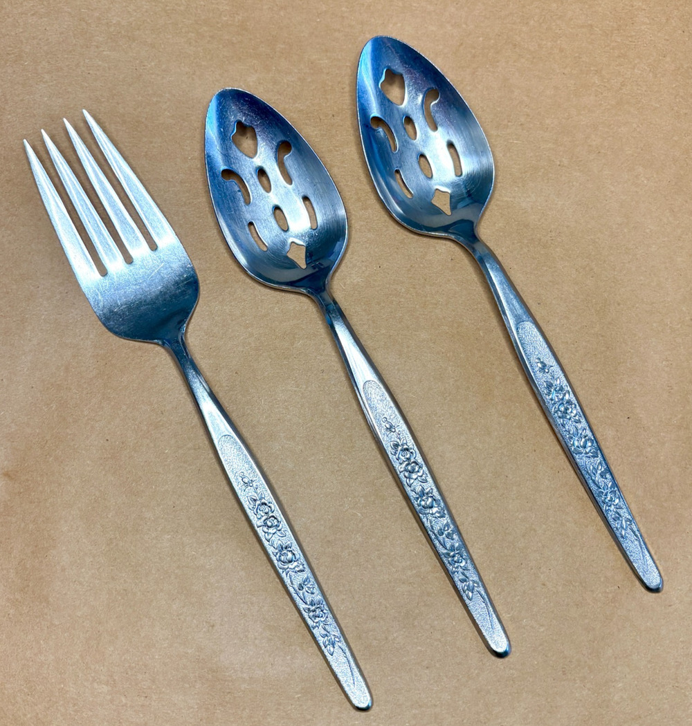 Lot 3 Vintage Stainless Flatware Flower Roses Serving Spoons Fork Stylecraft